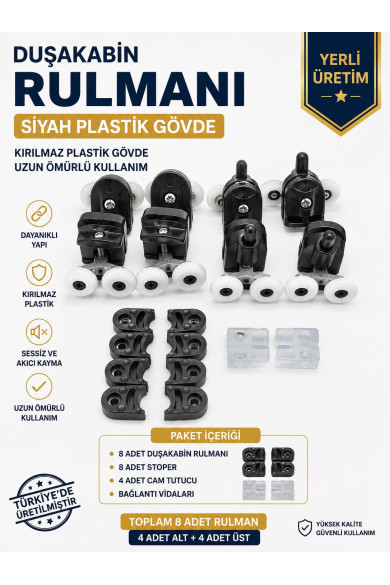 Duşakabin Rulman tekerleği Siyah 8 adet (4 alt - 4 üst - 1 takım) Duşakabin Rulman tekerleği Siyah 8 adet (4 alt - 4 üst - 1 takım)